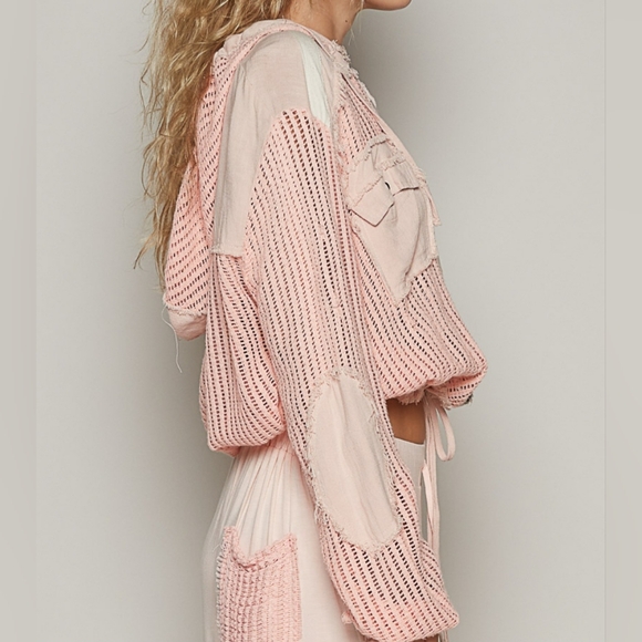 #518 🛑55 S,M,L Boho Contrast See Through Button Down Pocket Front Hooded - Picture 4 of 12